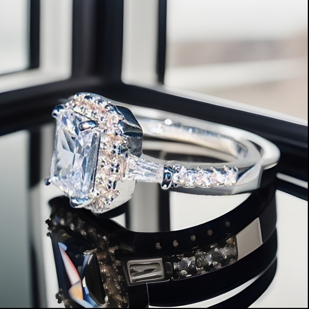 Engagement Ring Emerald Cut Moissanite W/Luxurious Platinum S925 Stamped Ring